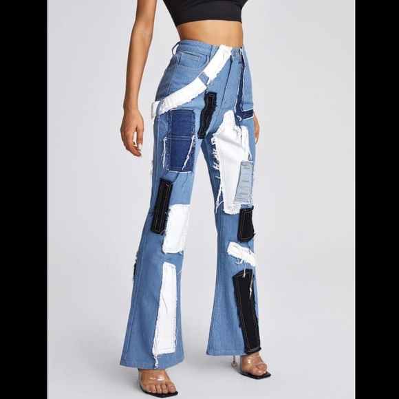 NEW High-Waisted Flare Leg Denim Jeans with Patches - Size M (6) & Size L (8/10) - Picture 3 of 7